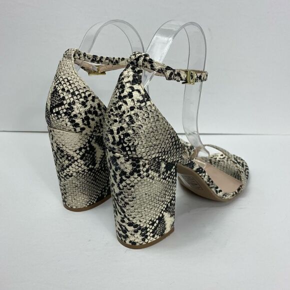 Qupid Snake Embossed Open Toe Ankle Strap Chunky Heel in Beige Brown - Picture 5 of 7